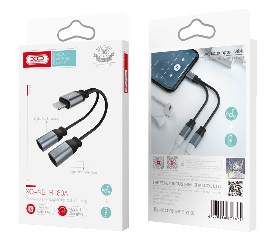 Audio adapter Lightning - 2 x Lightning XO Design NB-R160A, Sivi