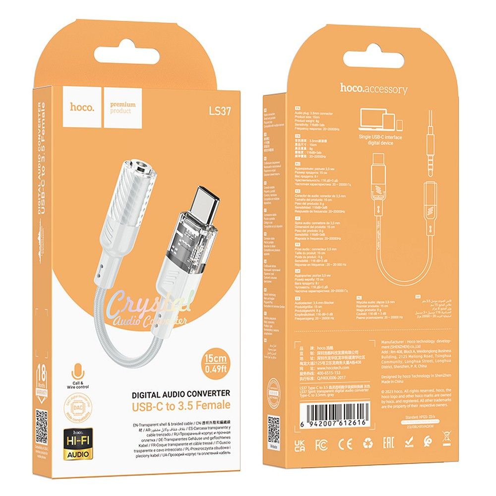 Audio adapter USB-C - 3.5mm HOCO LS37, Sivi
