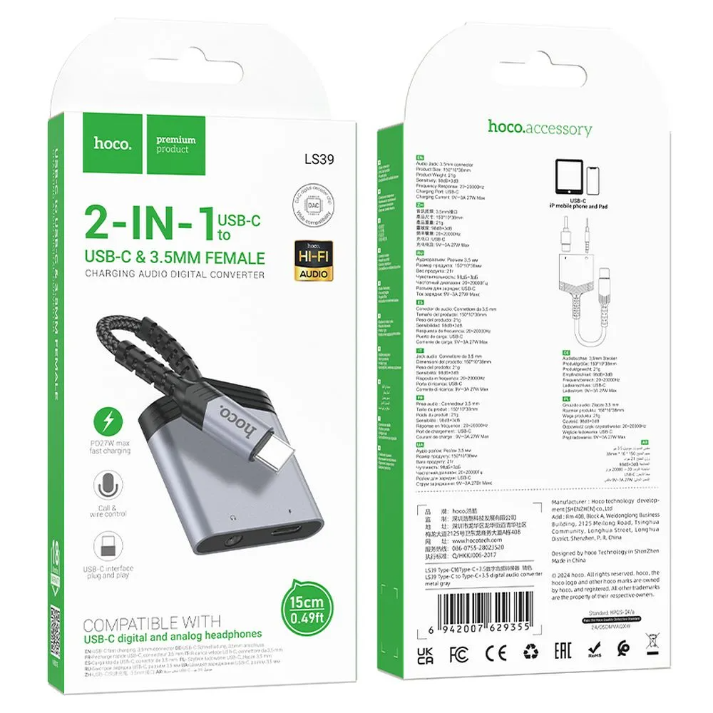 Audio adapter USB-C - USB-C / 3.5mm HOCO LS39, Crni