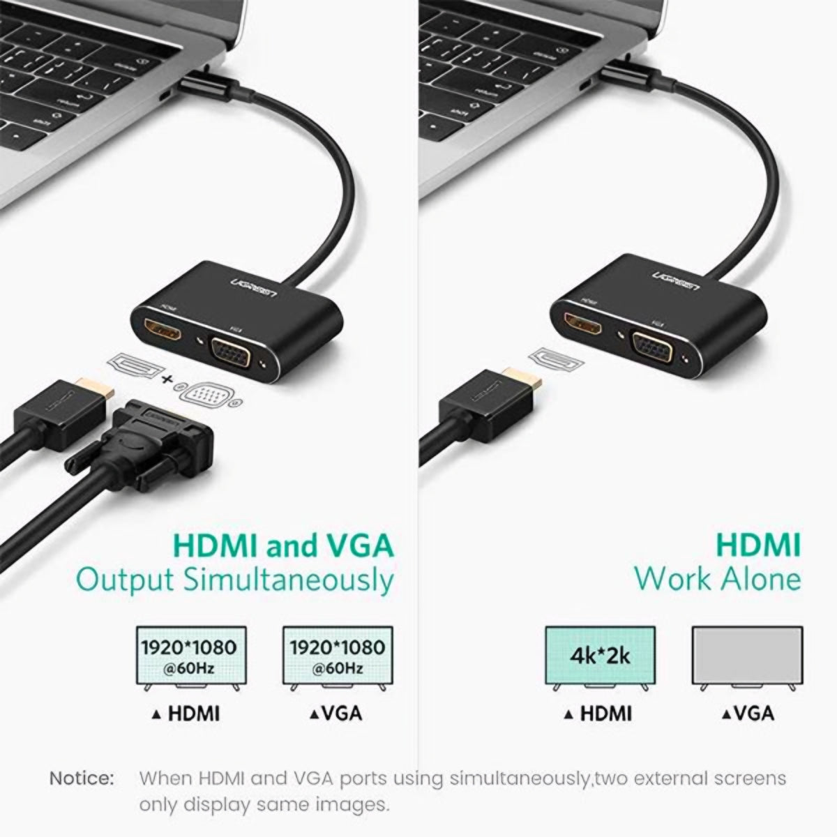 Video adapter UGREEN CM449, USB-A - HDMI / VGA, 1080P, Siva