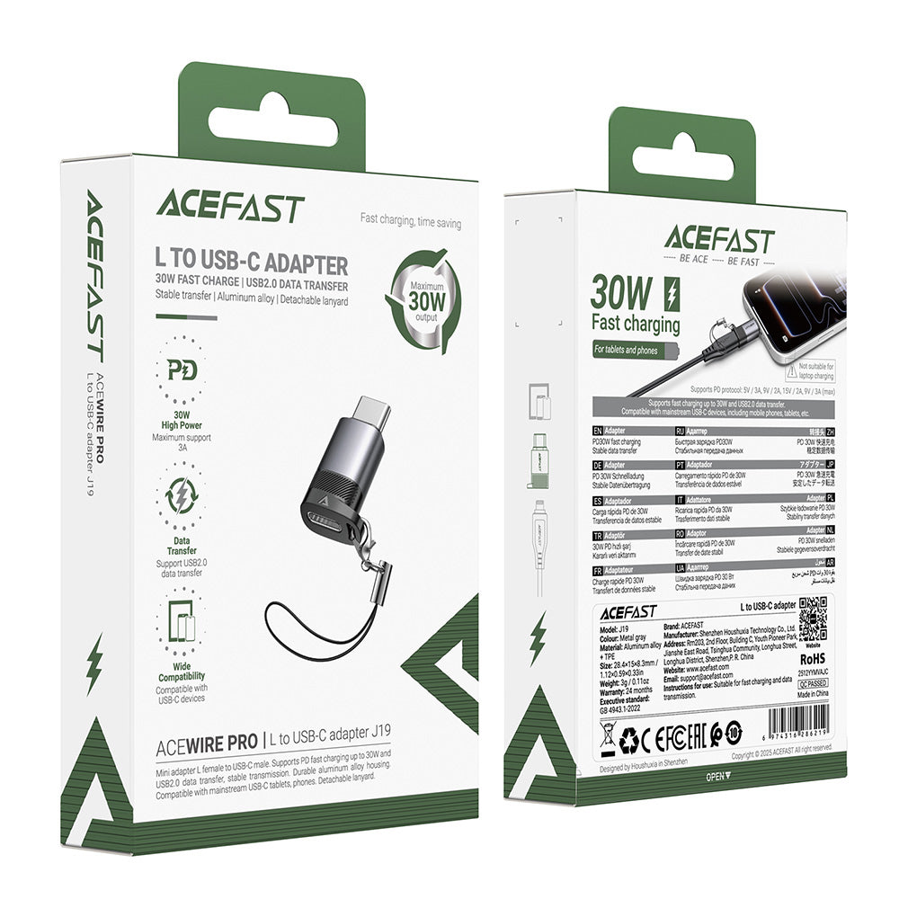 Adapter za podatke i punjenje Lightning - USB-C Acefast J19, Sivi