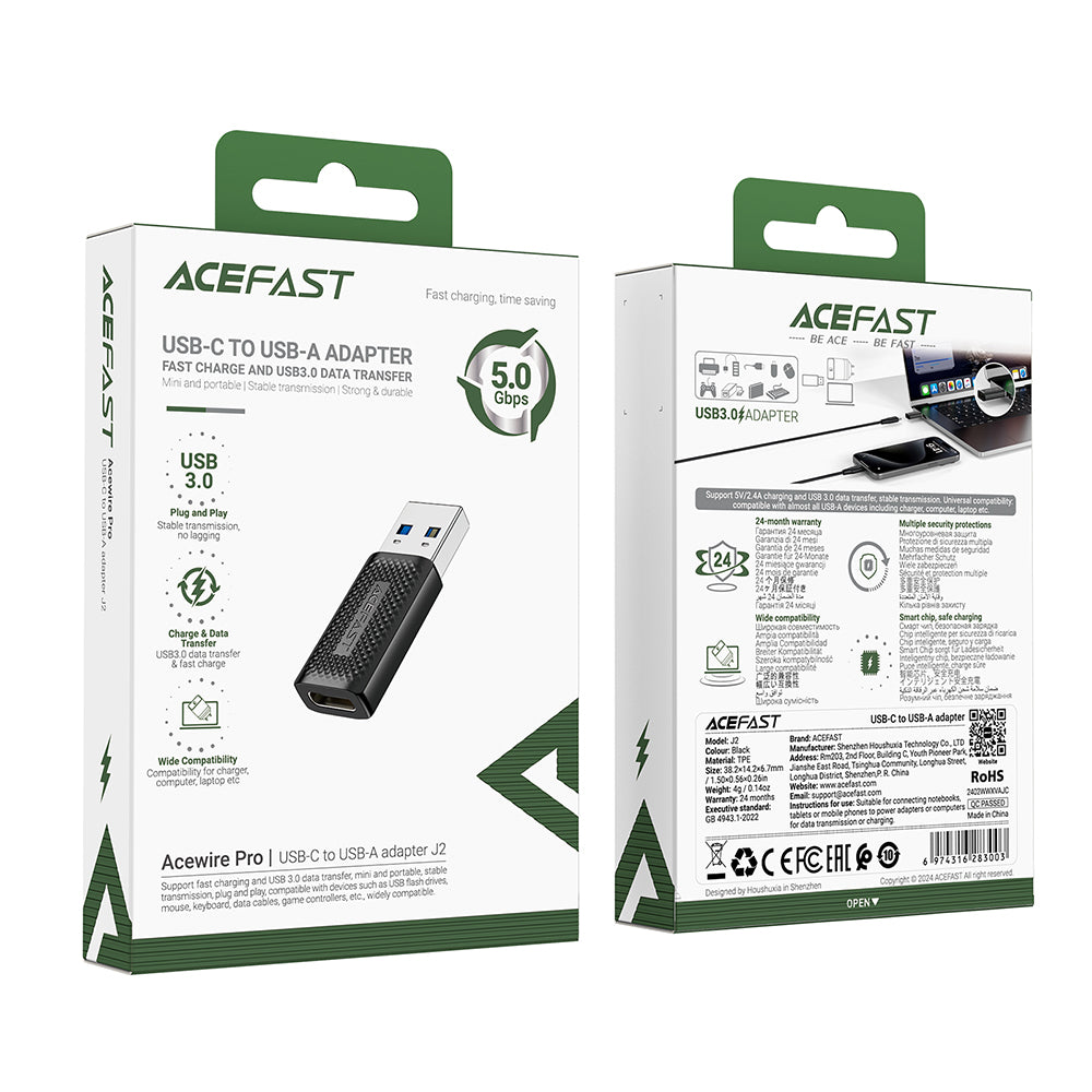 Adapter za podatke i punjenje USB-C - USB-A Acefast J2, Crni