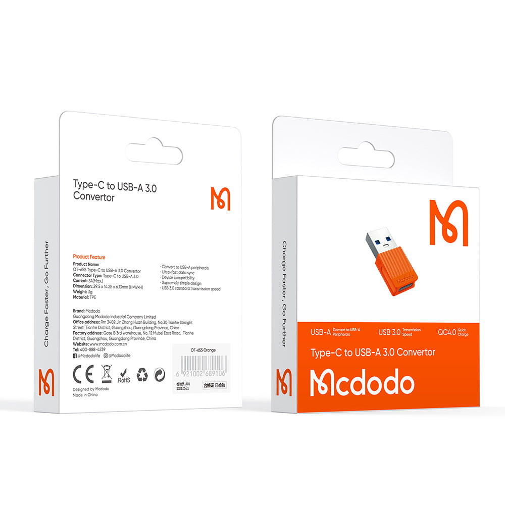 Adapter za podatke i punjenje USB-C - USB-A McDodo OT-6550, Narančasta