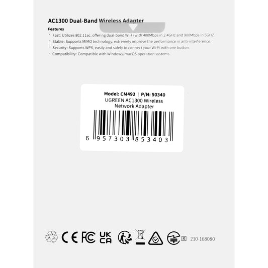 Bežični adapter UGREEN CM492, Dual Band, 1300Mbps, Sivi
