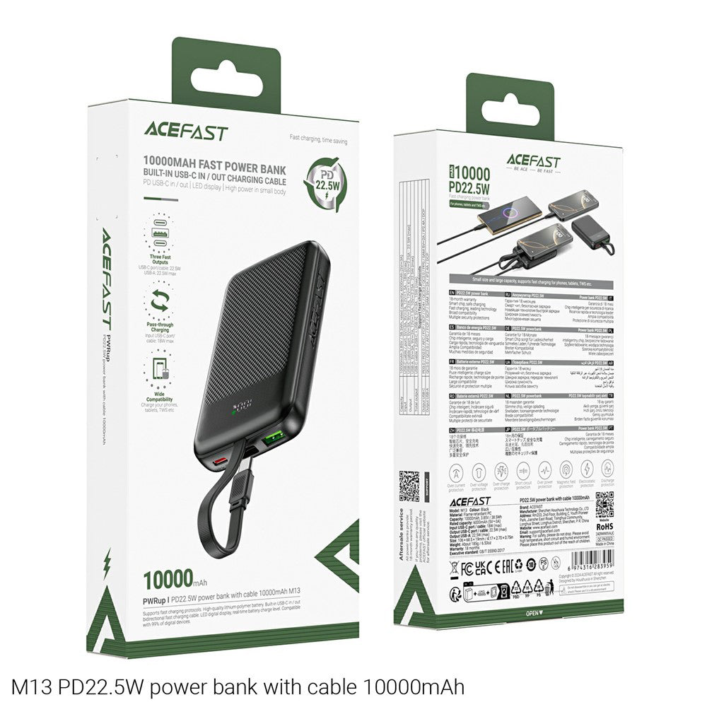 Vanjska baterija Acefast M13, 10000mAh, 22.5W, QC + PD, 1 x USB-A - 2 x USB-C, Crna