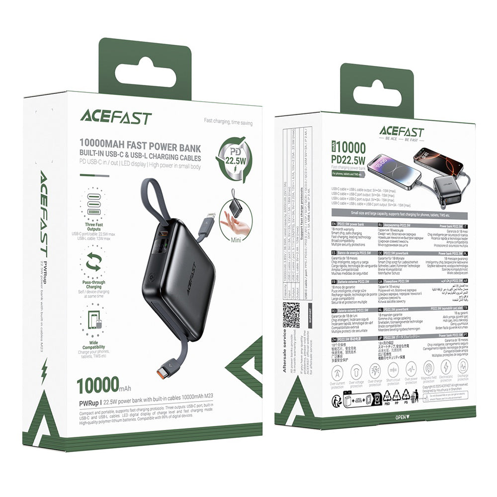 Vanjska baterija Acefast M23, 10000mAh, 22.5W, QC + PD, 1 x Lightning - 2 x USB-C, Siva