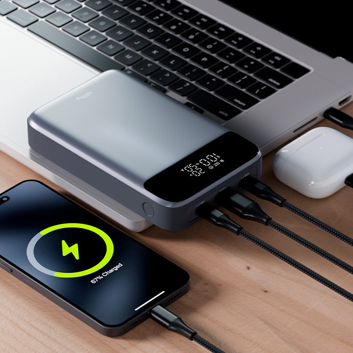Vanjska baterija Allity. APB-200 PocketPower, 19200mAh, 130W, QC + PD, 1 x USB-A - 2 x USB-C, Siva