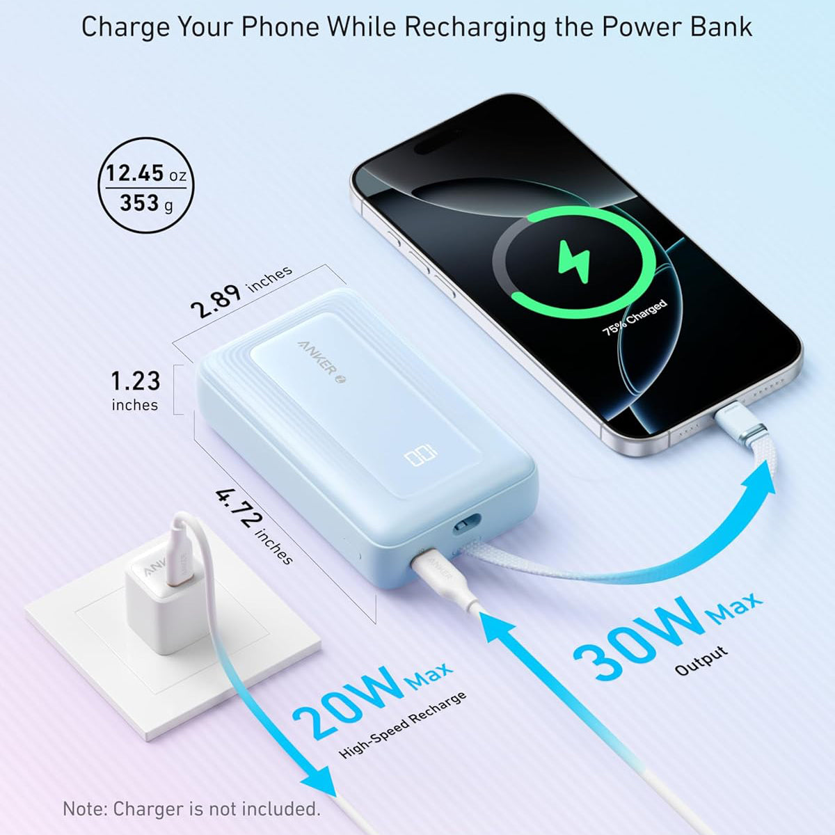 Vanjska baterija Anker Zolo, 20000mAh, 30W, QC + PD, 1 x USB-A - 2 x USB-C, Plava A1689031