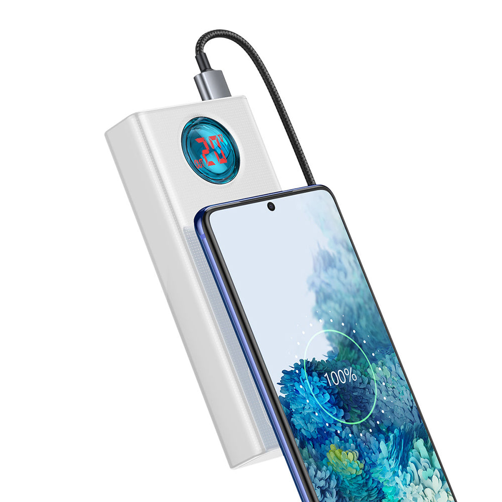 Vanjska baterija Baseus Amblight Digital Display, 30000mAh, 65W, QC + PD, 1 x USB-C - 4 x USB-A, Bijela PPLG000102
