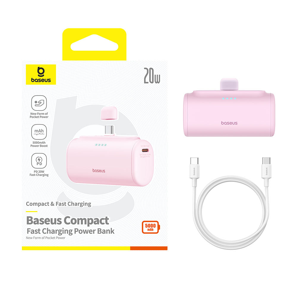 Vanjska baterija Baseus Compact, 5000mAh, 20W, PD, 2 x USB-C, Roza P10068306413-00