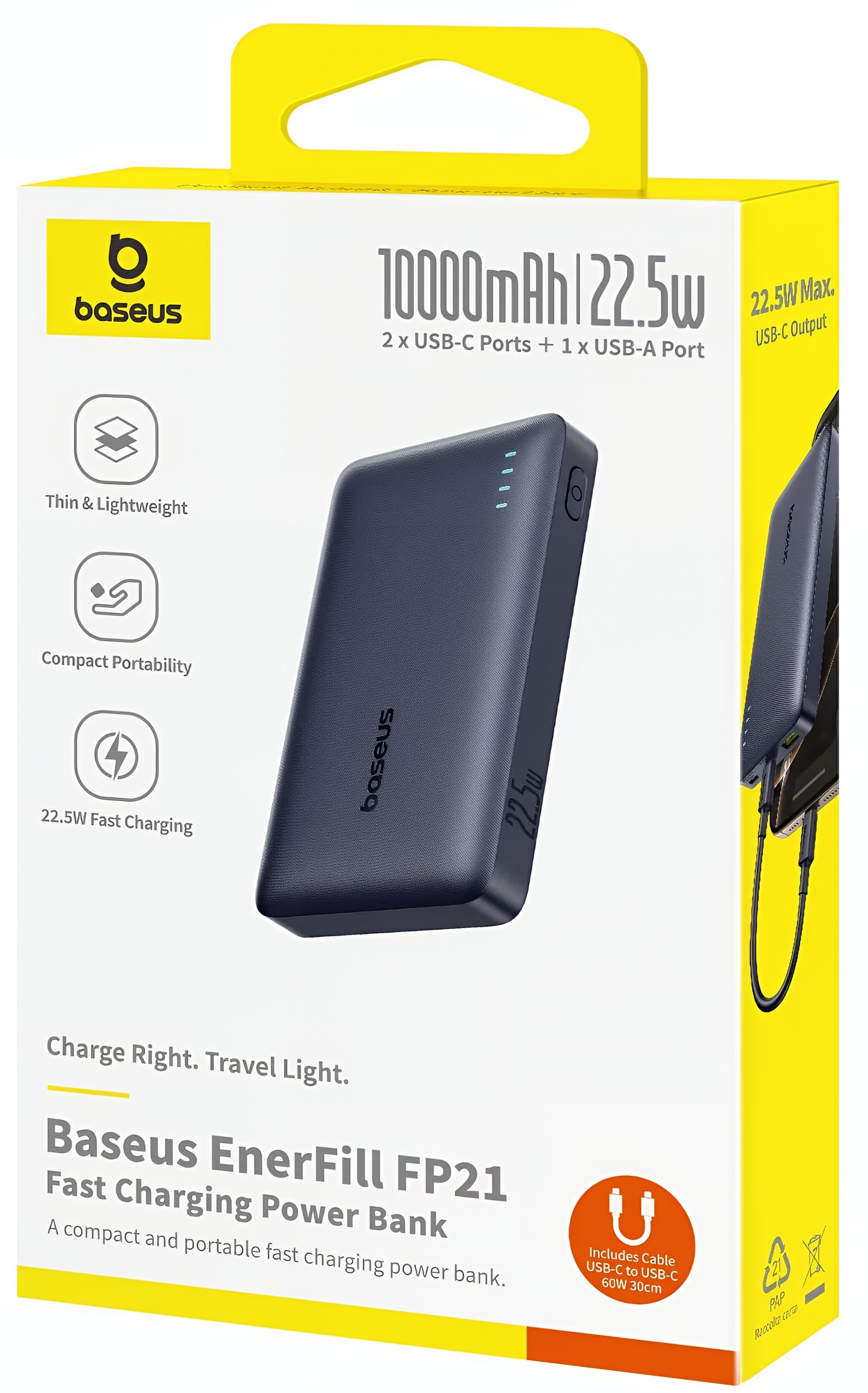 Vanjska baterija Baseus EnerFill FP21, 10000mAh, 22.5W, QC + PD, 1 x USB-A - 2 x USB-C, Crna P1008210D123-00