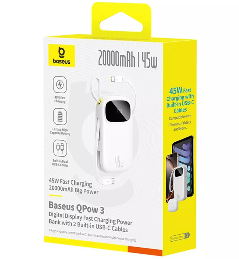 Vanjska baterija Baseus EnerFill FC31 Qpow 3, 20000mAh, 45W, QC + PD, 1 x USB-A - 3 x USB-C, Bijela P10082105213-00