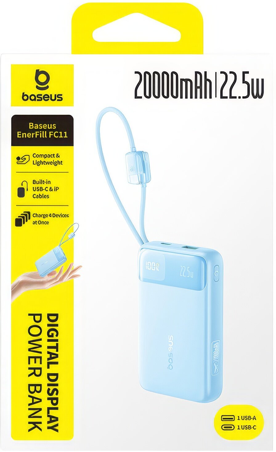 Vanjska baterija Baseus EnerFill FC11, 20000mAh, 22.5W, QC + PD, 1 x Lightning - 1 x USB-A - 2 x USB-C, Plava E0027S06