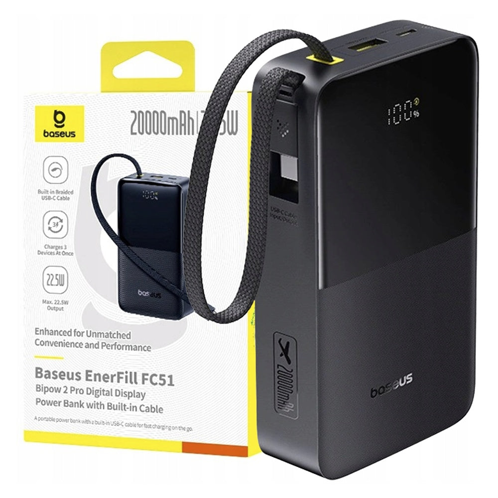 Vanjska baterija Baseus EnerFill Bipow2 Pro, 20000mAh, 22.5W, QC + PD, 1 x USB-A - 2 x USB-C, Crna E0027701