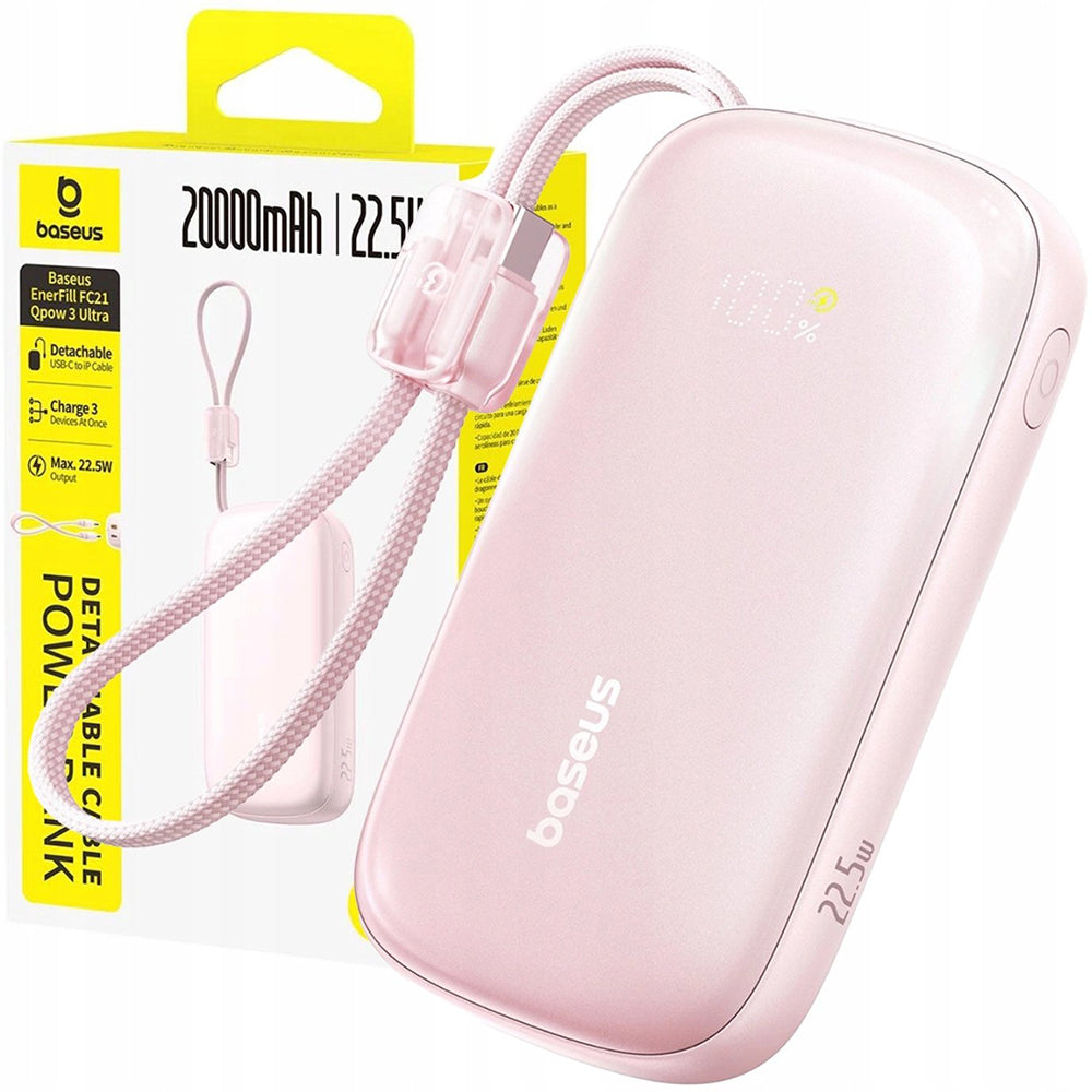 Vanjska baterija Baseus EnerFill FC21 Qpow 3 Ultra, 20000mAh, 22.5W, QC + PD, 1 x USB-A - 1 x USB-C, Roza E0027M02