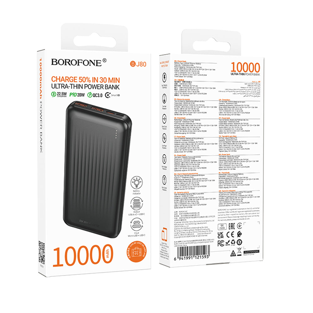 Vanjska baterija Borofone BJ80A Clever, 10000mAh, 22.5W, QC + PD, 1 x USB-C - 2 x USB-A, Crna
