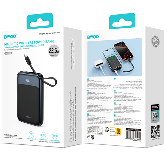 Bežična vanjska baterija BWOO BO-P80, 10000mAh, 22.5W, PD + FQI, 1 x QI - 2 x USB-C, Crna
