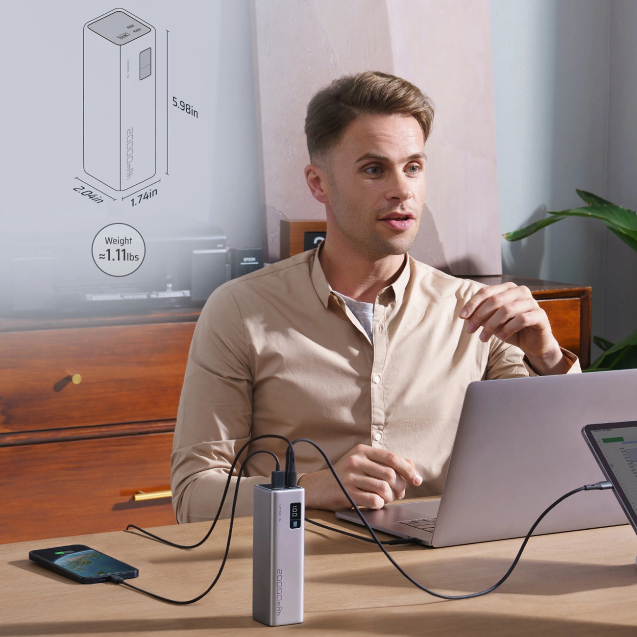 Vanjska baterija Cuktech, 20000mAh, 100W, QC + PD, 1 x USB-A - 2 x USB-C, Siva CUKP200XGLGR