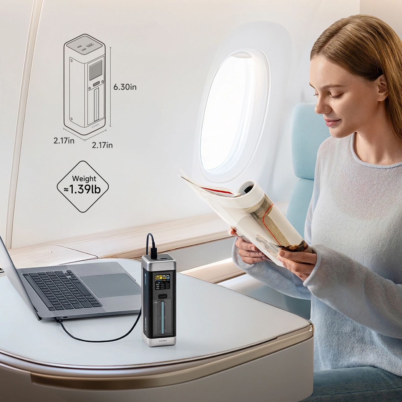 Vanjska baterija Cuktech, 25000mAh, 210W, QC + PD, 1 x USB-A - 2 x USB-C, Crna CUK00P23GLBK