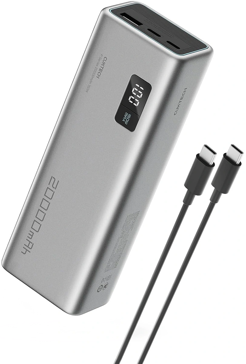 Vanjska baterija Cuktech P+ No.15, 20000mAh, 150W, QC + PD, 1 x USB-A - 2 x USB-C, Siva CUKPB200GLBK