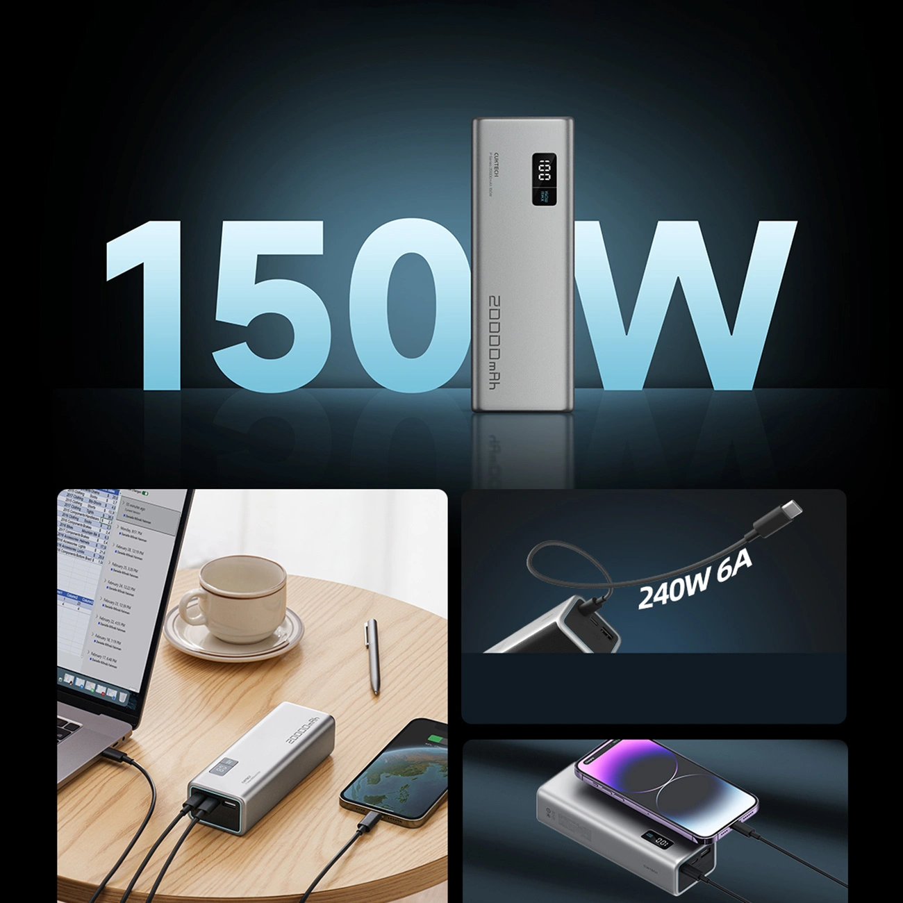 Vanjska baterija Cuktech P+ No.15, 20000mAh, 150W, QC + PD, 1 x USB-A - 2 x USB-C, Siva CUKPB200GLBK