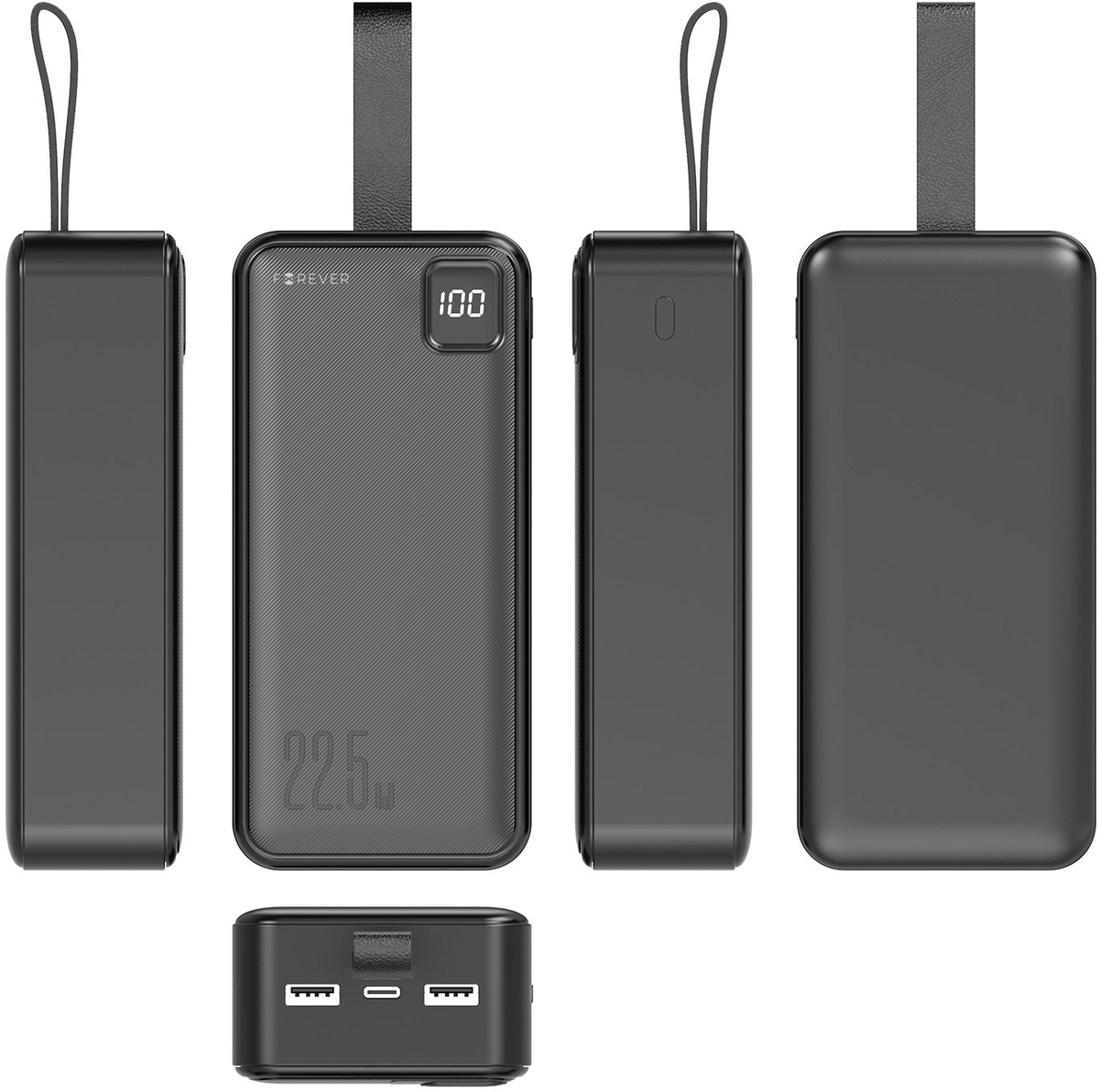 Vanjska baterija Forever TB-300XL, 30000 mAh, 22,5 W, QC + PD, 1 x USB-C – 2 x USB-A, crna