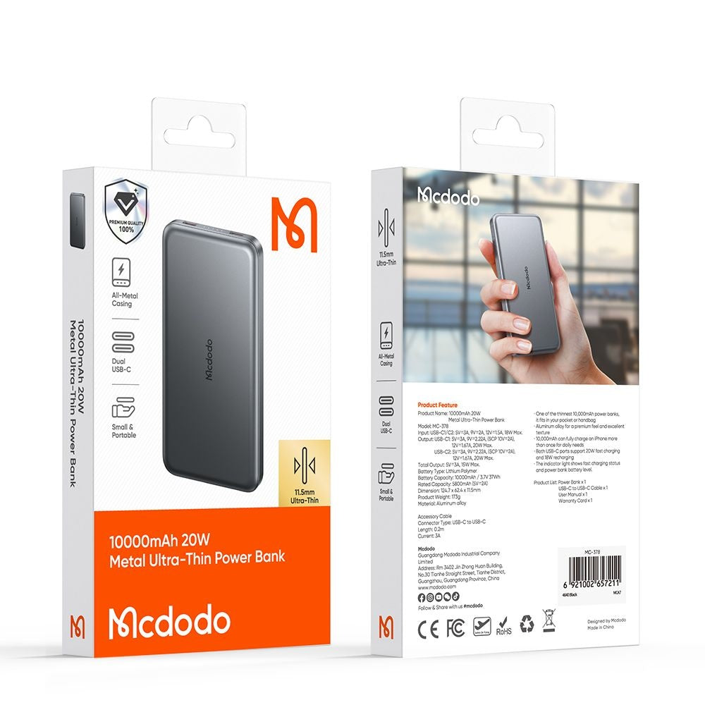 Vanjska baterija McDodo MC-3781 Meta, 10000mAh, 20W, PD, 2 x USB-C, Crna