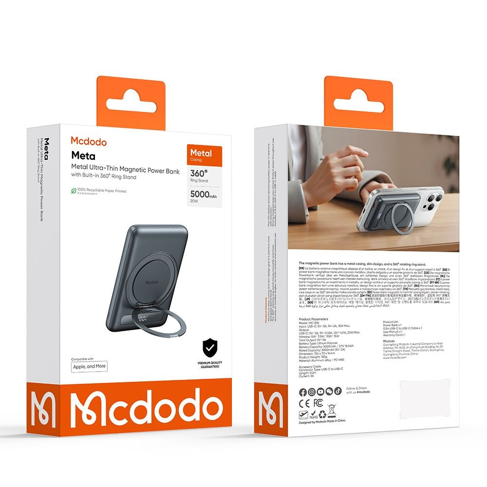 Vanjska bežična baterija McDodo MC-8361 Meta, 5000mAh, 20W, PD + FQI, 1 x QI - 1 x USB-C, Siva