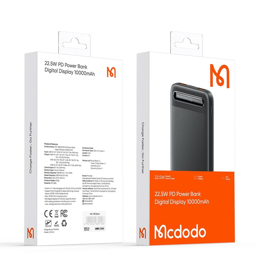 Vanjska baterija McDodo MC-3881 Star, 10000mAh, 22.5W, QC + PD, 2 x USB-A - 1 x USB-C, Crna