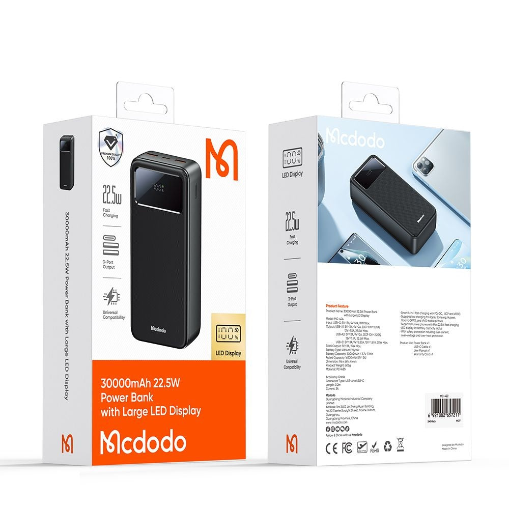 Vanjska baterija McDodo MC-4240, 30000mAh, 22.5W, QC + PD, 2 x USB-A - 1 x USB-C, Crna