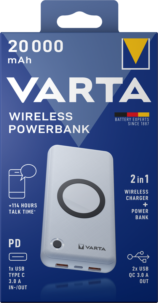 Vanjska bežična baterija Varta Energy, 20000mAh, 18W, QC + PD + FQI, 1 x QI - 1 x USB-C - 2 x USB-A, Bijela