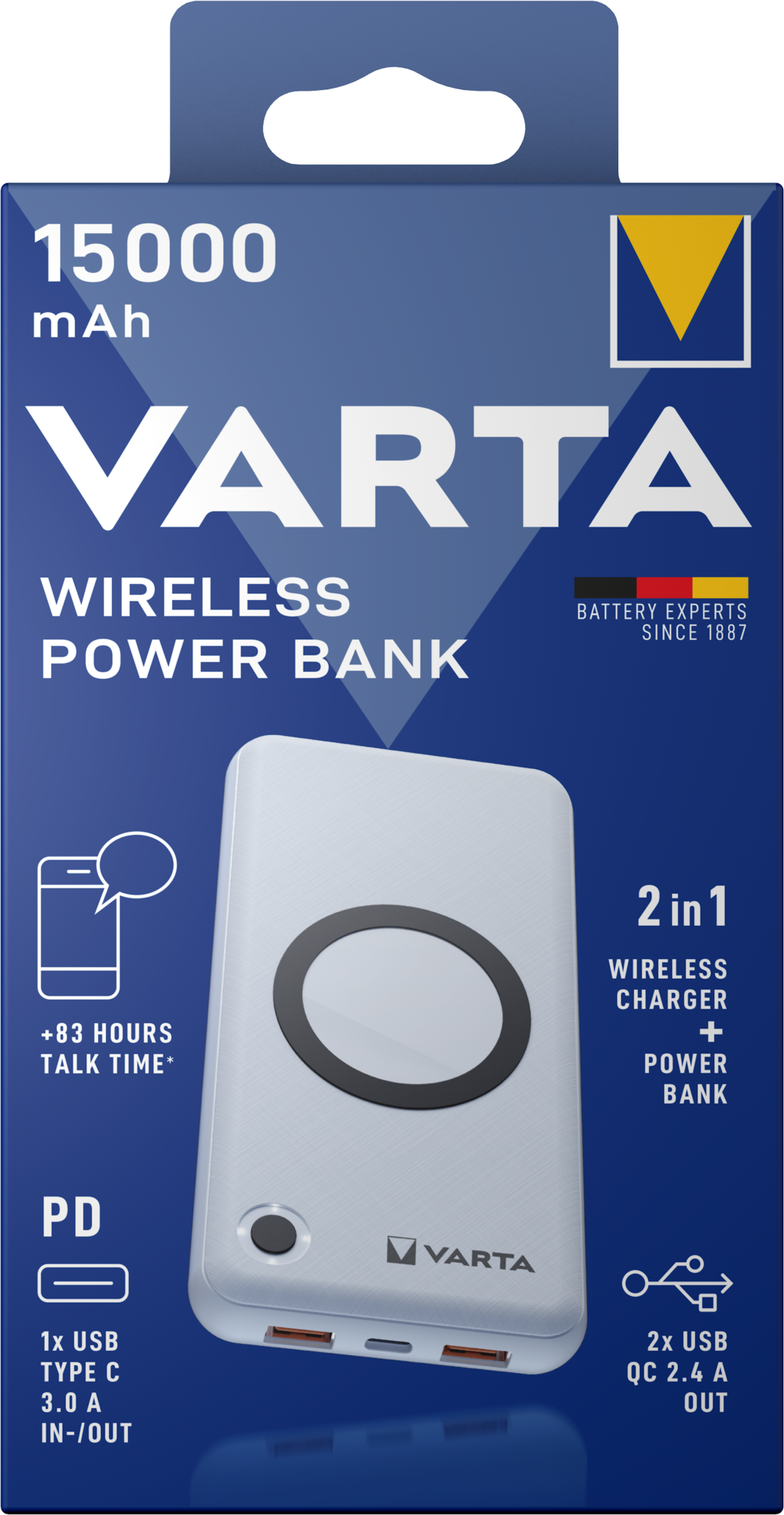 Vanjska bežična baterija Varta Energy, 15000mAh, 18W, QC + PD + FQI, 1 x QI - 1 x USB-C - 2 x USB-A, Bijela