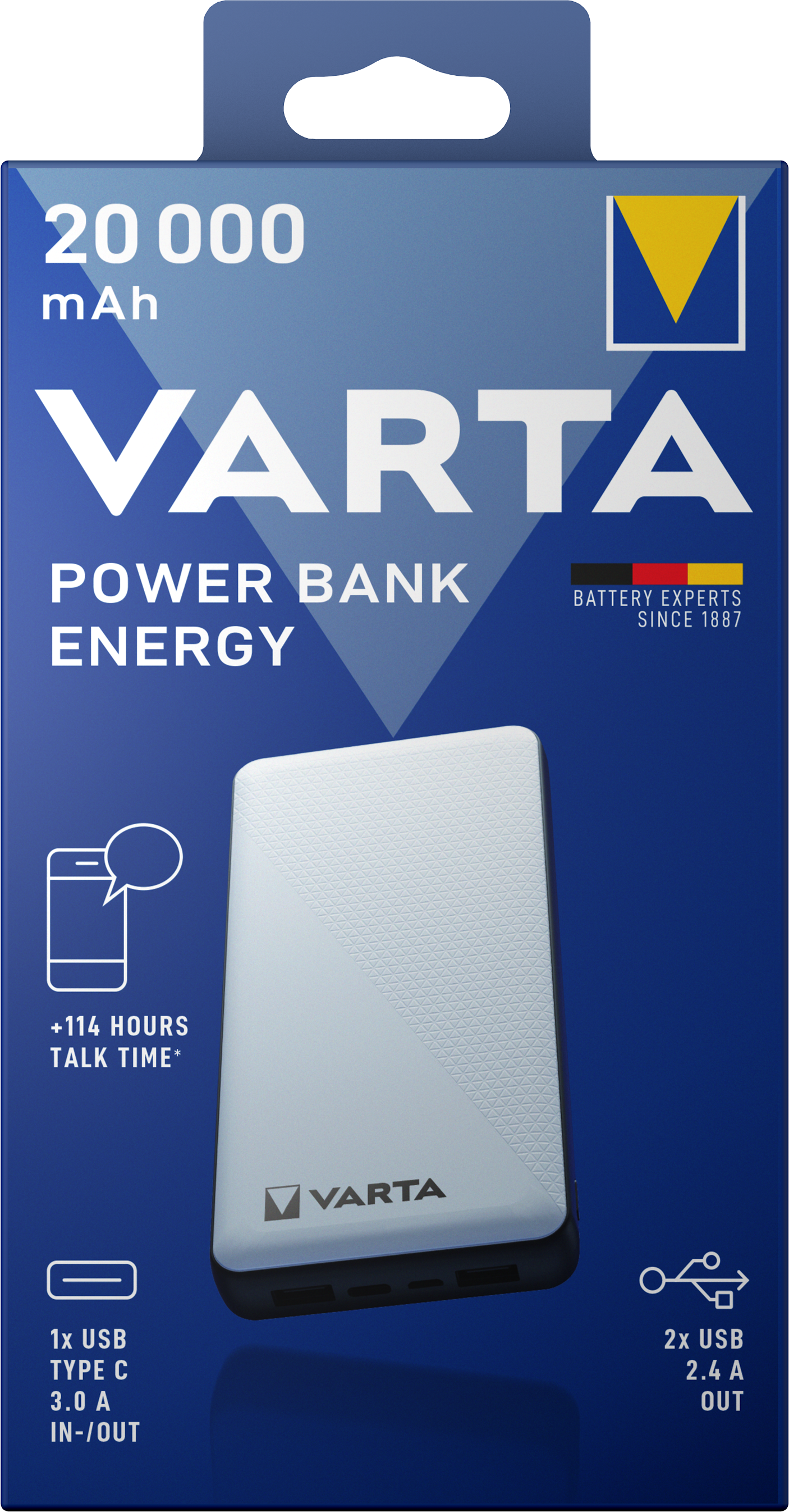 Vanjska baterija Varta Energy, 20000mAh, 15W, 1 x USB-C - 2 x USB-A, Bijela