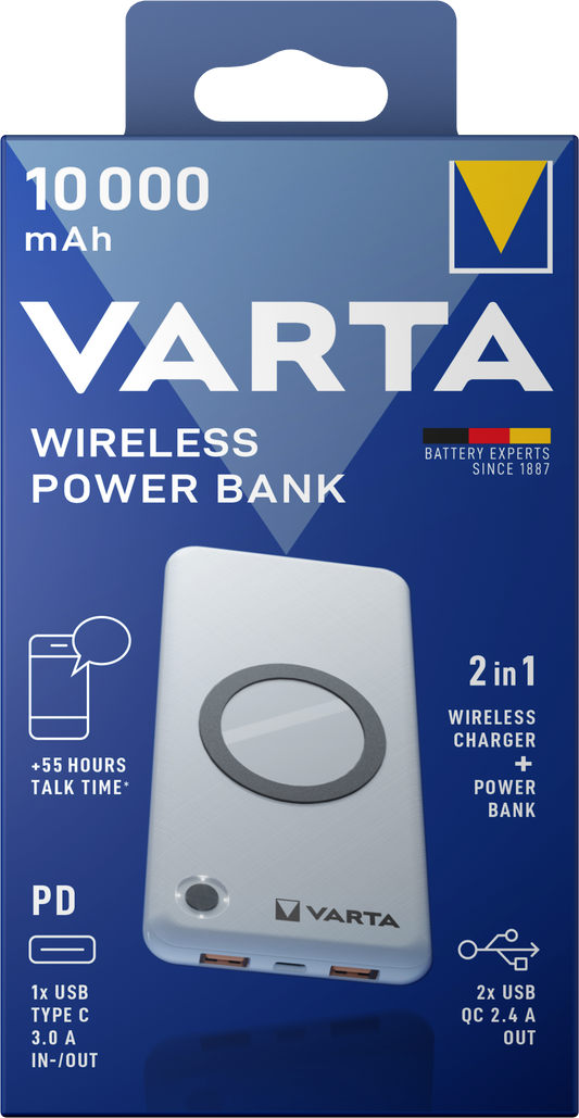 Vanjska baterija Wireless Varta Energy, 10000mAh, 18W, QC + PD + FQI, 1 x QI - 1 x USB-C - 2 x USB-A, Bijela