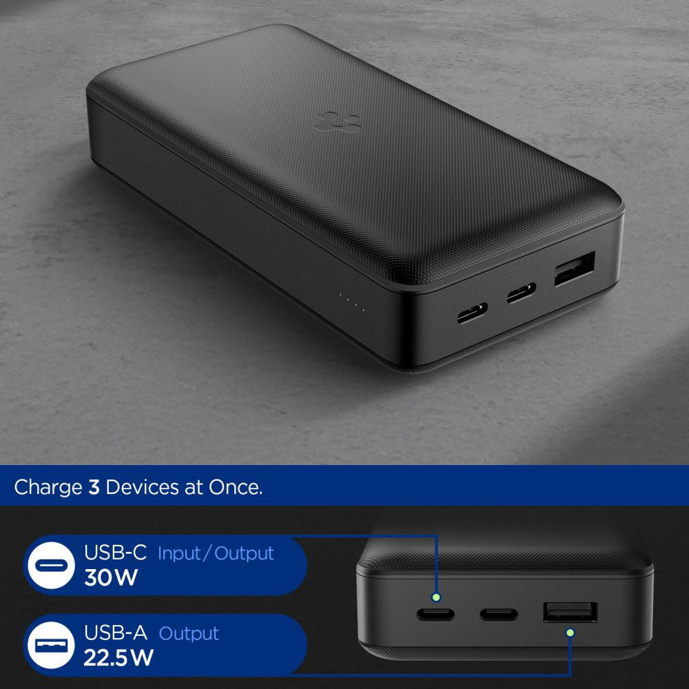 Vanjska baterija Spigen, 20000mAh, 30W, QC + PD, 1 x USB-A - 2 x USB-C, Crna ABA09433