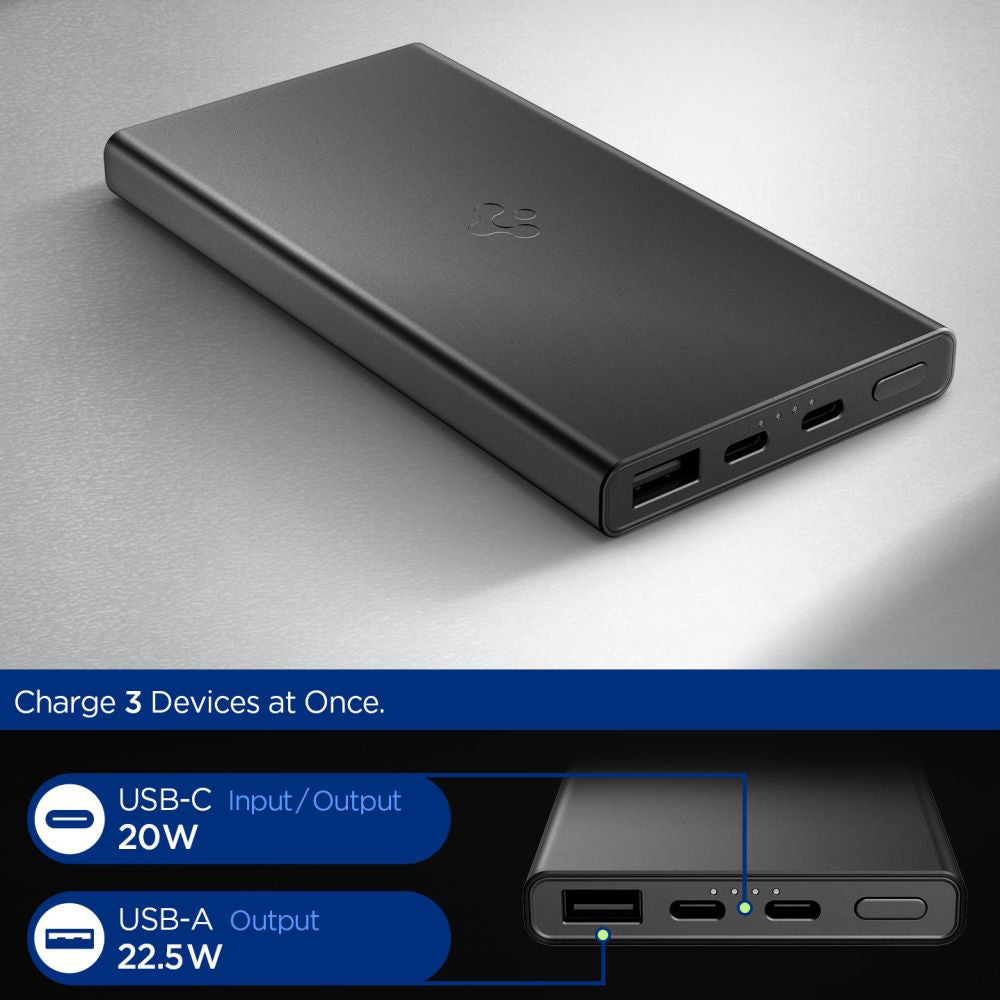 Vanjska baterija Spigen Essential, 10000mAh, 22.5W, QC + PD, 1 x USB-A - 2 x USB-C, Crna ABA09431