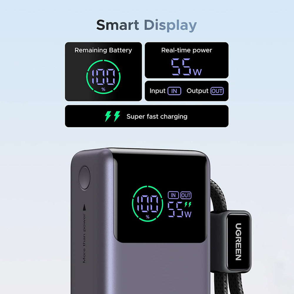 Vanjska baterija UGREEN Nexode Pro PB727 (85301B), 10000mAh, 55W, QC + PD, 1 x USB-A - 2 x USB-C, Siva
