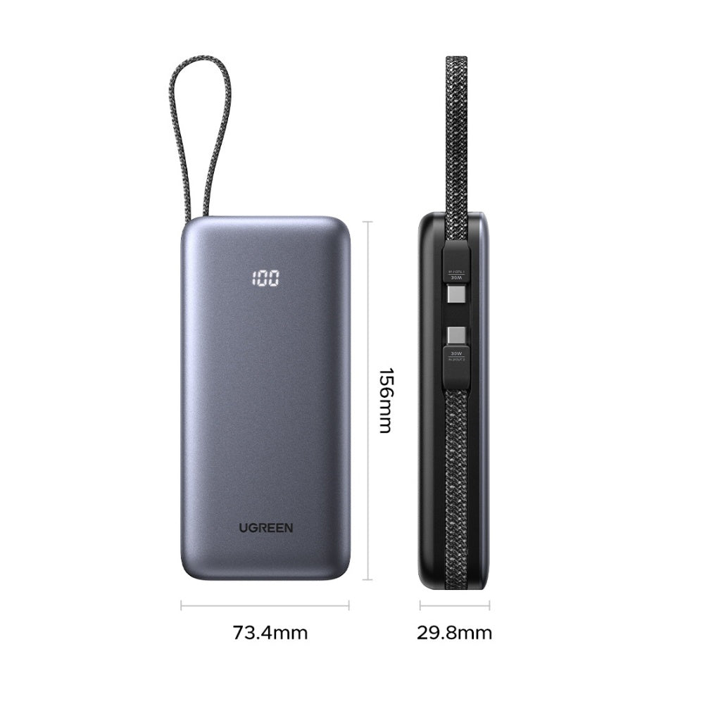 Vanjska baterija UGREEN PB528 (55985B), 20000mAh, 30W, QC + PD, 1 x USB-A - 3 x USB-C, Siva
