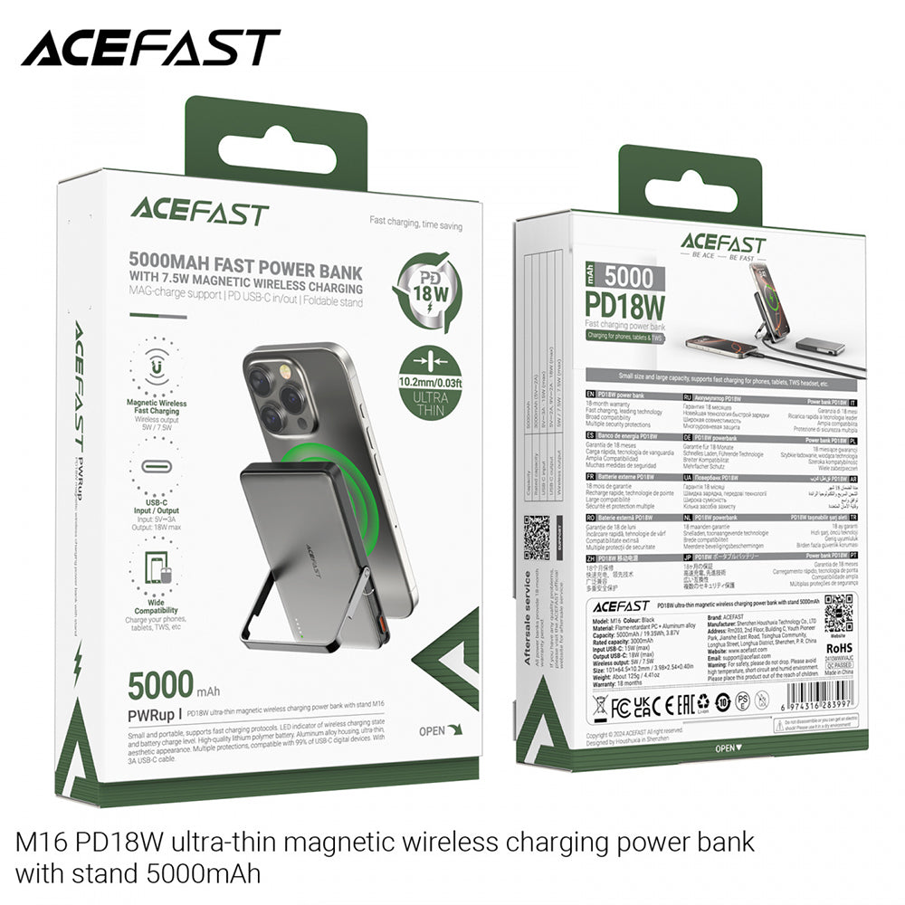 Vanjska baterija Wireless Acefast M16, 5000mAh, 18W, PD + FQI, 1 x QI - 1 x USB-C, Crna