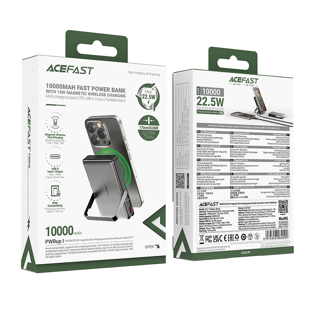 Vanjska baterija Wireless Acefast M17, 10000mAh, 22.5W, PD + FQI, 1 x QI - 1 x USB-C, Crna