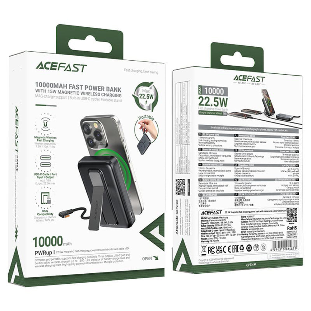 Vanjska baterija Wireless Acefast M24, 10000mAh, 22.5W, PD + FQI, 1 x QI - 2 x USB-C, Siva