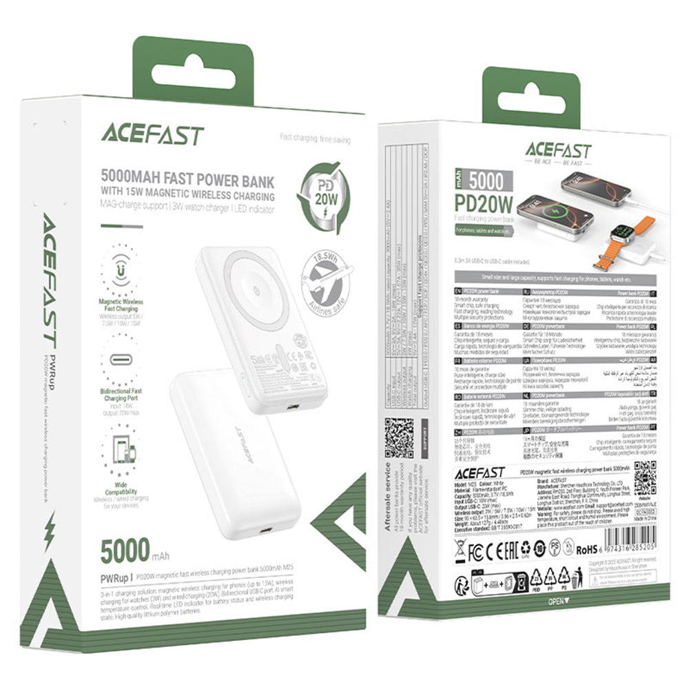 Vanjska baterija Wireless Acefast M25, 5000mAh, 20W, PD + FQI, 1 x QI - 1 x USB-C, Bijela