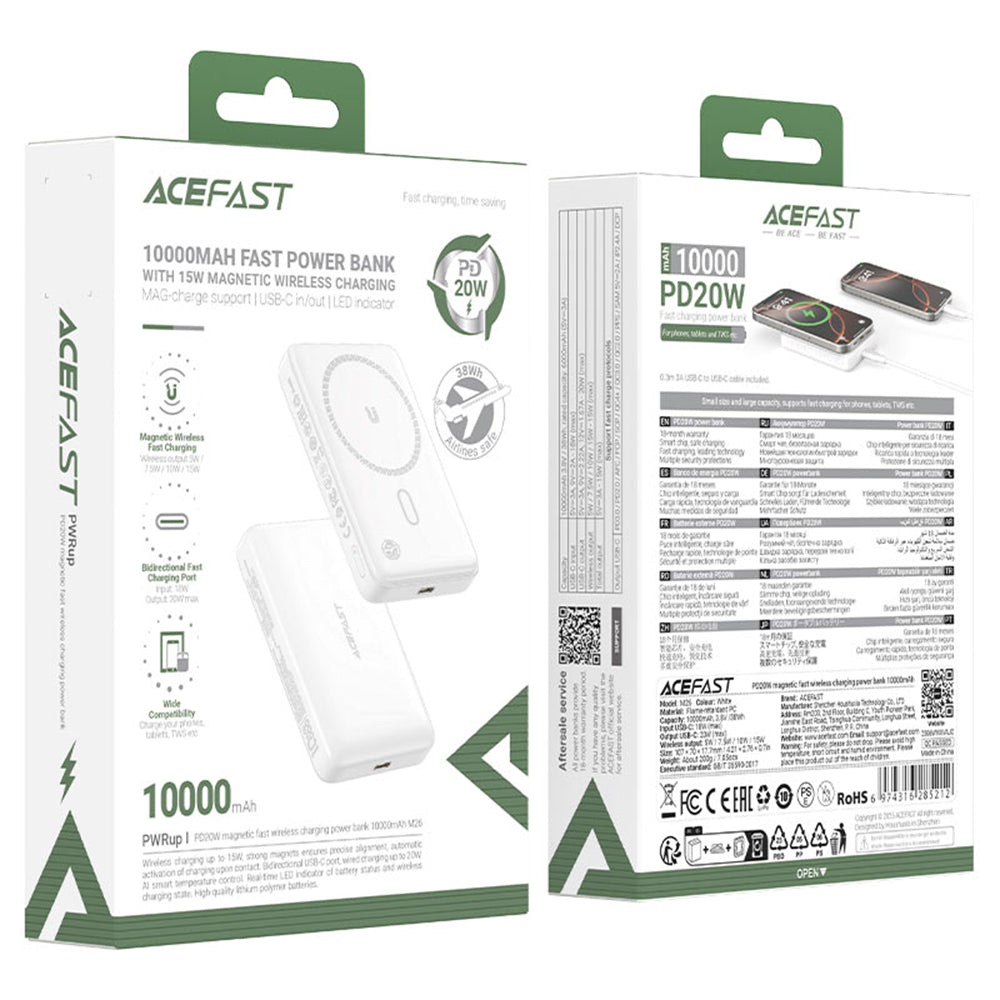 Vanjska baterija Wireless Acefast M26, 10000mAh, 20W, PD + FQI, 1 x QI - 1 x USB-C, Bijela