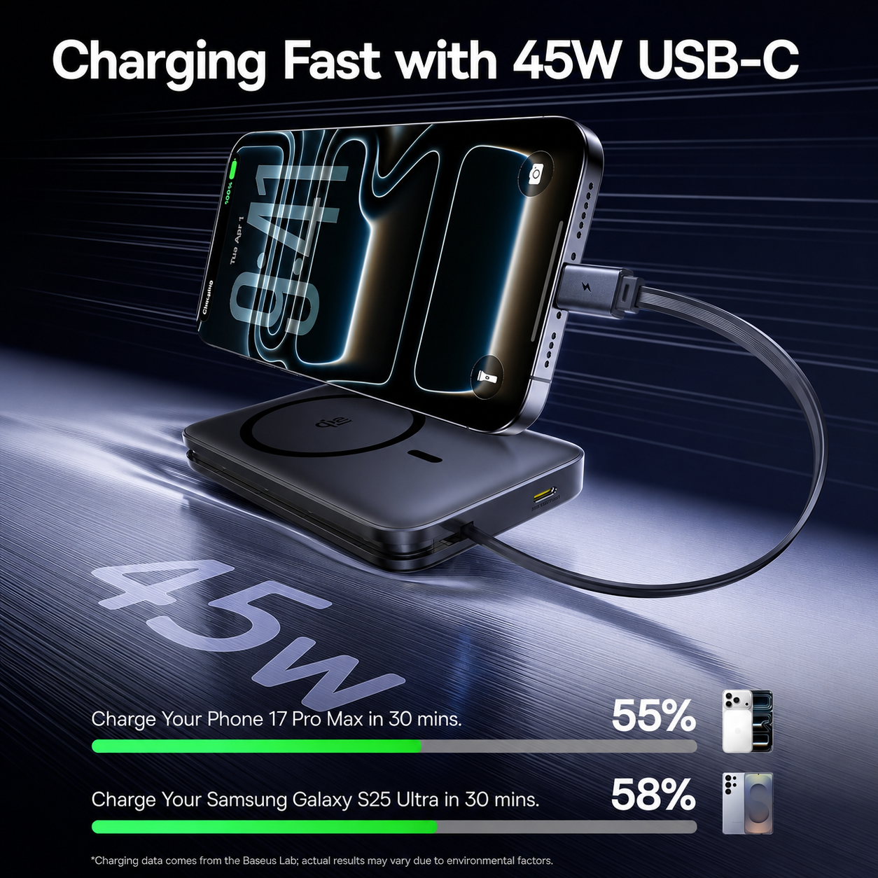 Bežična vanjska baterija Baseus PicoGo AM61, 10000mAh, 45W, PD + FQI, 1 x QI - 2 x USB-C, Crna E0028V00