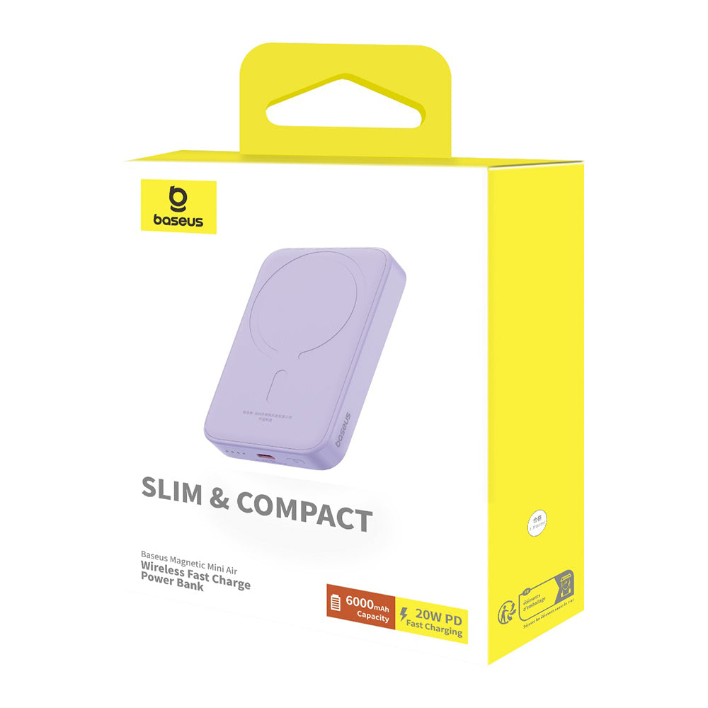 Vanjska bežična baterija Baseus Mini Air, 6000mAh, 20W, PD + FQI, 1 x QI - 1 x USB-C, Ljubičasta P10059002513-00