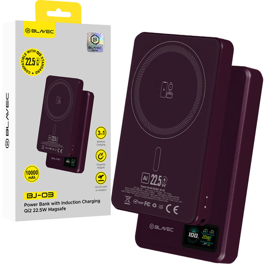 Bežična vanjska baterija Blavec BJ-03 Slim, 10000 mAh, 22,5 W, PD + FQI, 1 x QI - 1 x USB-C, ljubičasta