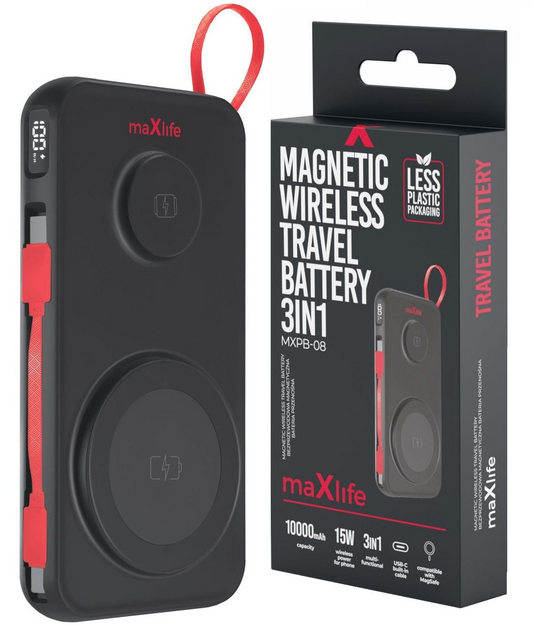 Vanjska bežična baterija MaXlife MXPB-08, 10000mAh, 22.5W, QC + PD + FQI + QI, 1 x USB-A - 1 x USB-C - 2 x QI, Crna