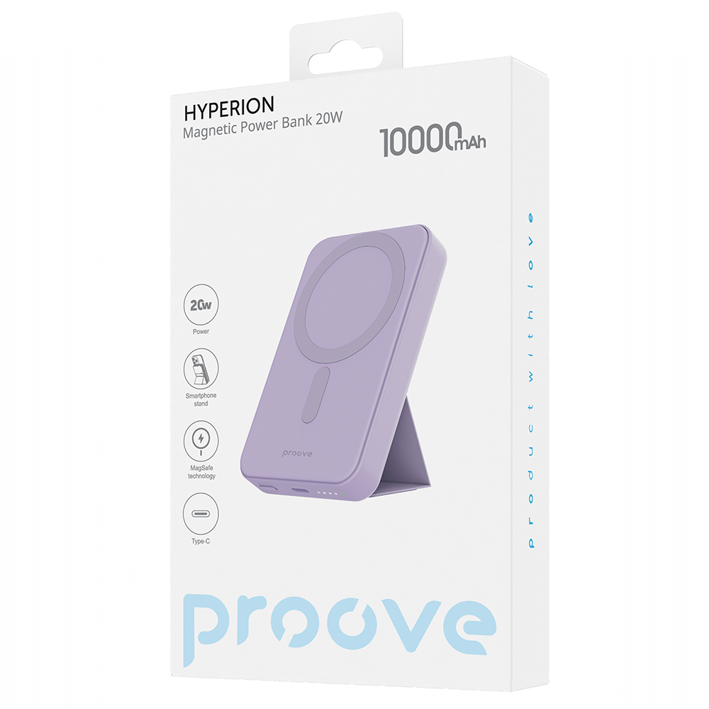 Vanjska baterija Wireless Proove Hyperion, 10000mAh, 20W, PD + FQI, 1 x QI - 1 x USB-C, Ljubičasta