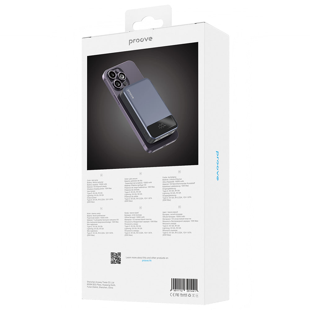 Vanjska baterija Wireless Proove Hoodman, 10000mAh, 20W, PD + FQI, 1 x QI - 1 x USB-C, Siva PBH120010003