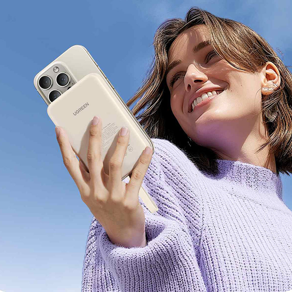 Vanjska bežična baterija UGREEN PB760, 10000mAh, 20W, PD + FQI, 1 x QI - 1 x USB-C, Bež